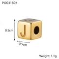Detailed view of golden 0.5cm cube charm bead with engraved letter J for DIY jewelry - Letter J / Gold