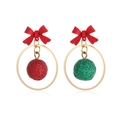 Festive gold hoop earrings with red bows and colorful glitter ball pendants - Bowknot Red Green Ball Studs