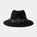 Detalle de sombrero fedora de lana negra con banda de cuentas bohemia y piedra turquesa azul - M (56-58cm) / Estilo de Cuentas de Múltiples Capas Turquesa Azules