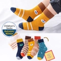 Five pairs of kids' mid-calf cotton socks with robots and stripes in fall-winter styles - Flat Space Children's Socks / 8 Months - 2 Years (foot Length 9-12cm)