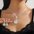 Detail of luxury teardrop necklace and earrings set with clear rhinestones on a silver base - Silver 207-Water Drop Full Rhinestone