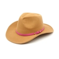 Detail of camel wool cowboy hat featuring a vibrant pink leather strap with gold buckle - M (56-58cm) / Camel