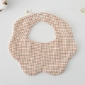 Brown checkered cotton flower bib for babies with button closure and 100% cotton label - Gauze Flower Scarf - Coffee Checkered