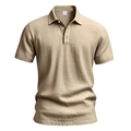 Men's khaki linen short sleeve Polo shirt with buttoned lapel in a breathable 3D hanging view - Khaki