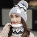 Close-up of winter knit hat with pompom and fleece lining in geometric gray pattern - One Size / Hat and Scarf Set - Light Grey