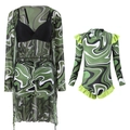 Three-piece bikini set with green wave pattern and matching girl's long sleeve swimsuit - S / Water Ripple / 3-Piece Set