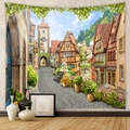 Detailed view of large fabric tapestry showing a historic European town street on grey wall - European Classical Town Street View (GT109962)