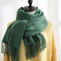 Dark green faux cashmere scarf for women with elegant tassels and thick winter texture - Light Green