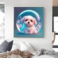 DIY diamond painting featuring a cute white puppy in a bubble with pink lilies - Dog / 30x30cm Frameless