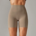 Detail of high waisted yoga shorts showing double-sided brushed fabric and compression waistband - Cocoa