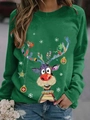 Detail view of a green crewneck sweatshirt featuring a colorful reindeer print and snowflakes - S / Tops / Green