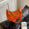 Fashionable orange crescent shoulder bag with chain strap and green FASHION logo - Orange