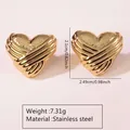 Golden heart-shaped stainless steel stud earrings with elegant ribbon texture details - Ribbon 3D Heart (FYD6082)