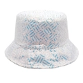 Close-up of shiny sequins on white bucket hat featuring blue and pink geometric stripes - White