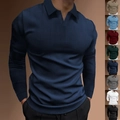 Men's navy blue slim fit long sleeve polo shirt with textured vertical stripes - Navy Blue