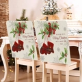 Christmas chair covers set with red holly and plaid mittens on beige linen fabric - Beige Red Berry Plaid Glove (YT01-2)
