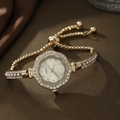 Elegant gold quartz watch set with petal-shaped rhinestone case and pearl metal bracelet - Gold Gold Face