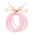 Dettaglio di bracciali morbidi con glitter rosa e fiocco in organza dorata - Set di paillettes rosa (30065)