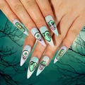 Lange stiletto Halloween plaknagels met blauwe overloop, griezelige ogen en hartjes - Halloween Gradiënt Illustratie (JP2517)