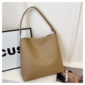 Minimalist camel woven large shoulder tote bag with textured finish for daily commute - Khaki