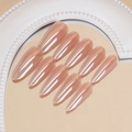 Handmade almond press-on nails in nude pink finish with butterfly and pearl accents - By1594 / Phototherapy Glue Style