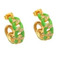 Detail of gold C-shaped earrings with green enamel coating and small white rhinestones - Green