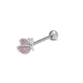 Detail of silver butterfly tongue ring with pink and white crystal rhinestones inlay - Pink White Butterfly