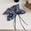 Light blue pearlescent scrunchie with black bow ribbon featuring pearl and crystal details - Dark Blue Shimmer Long Streamer