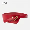 Women's wide red leather waist belt with elegant gold-tone triangle buckle - Red