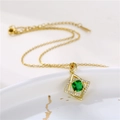 Gold stainless steel necklace featuring a square green gemstone pendant with zircon accents - Geometry