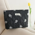 Black checkered rose jacquard makeup bag with floral embroidery and portable design - Black Base Rose Embroidery