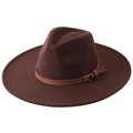 Dark brown wide brim wool fedora hat with light brown decorative buckle strap - Coffee