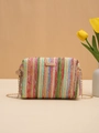 Detail of colorful woven straw camera bag with gold chain strap and metallic closure - Light Green