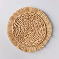 Bohemian round straw wall decor with fringe detail in natural tan woven seagrass fiber - Natural Color Spiral Tassel Mat (33cm)