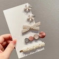 5-piece set of Korean style hair clips with faux pearls and pink floral accents - Peaceful 5-Piece Set