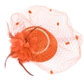 Elegant orange fascinator hat with vintage mesh, feathers and pearls for wedding parties - Orange