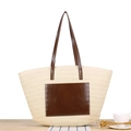 Large beige woven straw tote bag with brown leather pocket and straps for summer beach use - Beige
