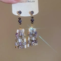 Bohemian purple mosaic crystal drop earrings with golden frame in a geometric design - 35# Silver Earring Post Gold Color Purple