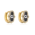 Detail of 18K gold Hamsa Hand earrings with enamel evil eye and zircon inlay - Black