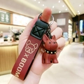 Deep red French Bulldog keychain with burgundy leather wrist strap and BOOM logo charm - Red