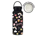Black 1L insulated sports bottle with cartoon print and ceramic coated liner - Black 9A