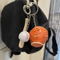 Three-piece baseball keychain with mini wooden bat, white ball and orange glove - 2CM White Ball Long Bat Orange