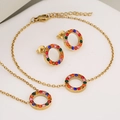 Golden stainless steel jewelry set with circular multi-color crystal necklace and earrings - Set / Gold+Multicolored Stone