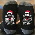 Black and grey Christmas cotton socks featuring a red Santa hat and festive wine print - One Size / Christmas Hat Letter Grey Black