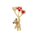 Exquisite gold-plated bear brooch with sparkling rhinestones and red enamel heart balloons - Balloon Bear