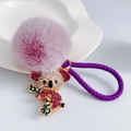 Cute purple crystal koala keychain with fluffy fur pompom and woven leather strap - Purple + Heart Lanyard + Pom Pom / Purple