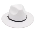 Detailed close-up of white wide-brim felt hat with a black leather belt and bronze buckle - One Size / White