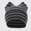 Gestreifte Strickmütze mit Katzenohren aus grau-schwarzem Mohair für warme Wintertage - Einheitsgröße / Schwarz