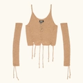 Khaki Strick-Set mit kurzem Neckholder-Top und passenden langen Ärmelstulpen für Damen - S / Weizen