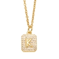 Gold plated square pendant necklace with micro-pave letter K on a dainty O-chain - Letter K